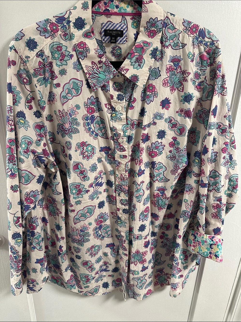 Talbots Cream Button-Down Shirt with Teal and Purple Floral Print